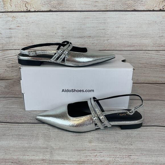 Aldo Tossa Womens Sz 6B Slingback Heels Silver Mary Jane Pointed Toe - Picture 1 of 11
